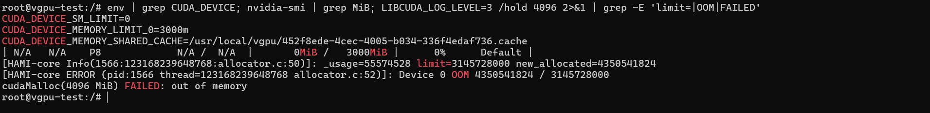 kubectl exec shell: limit variables visible, nvidia-smi 3000MiB, cudaMalloc refused with OOM