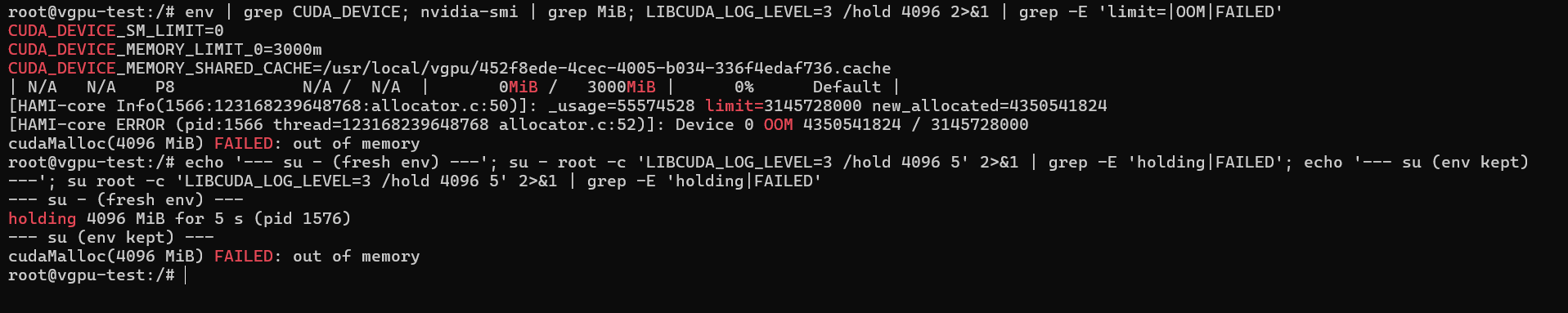 su - root is granted 4096 MiB; su root is refused